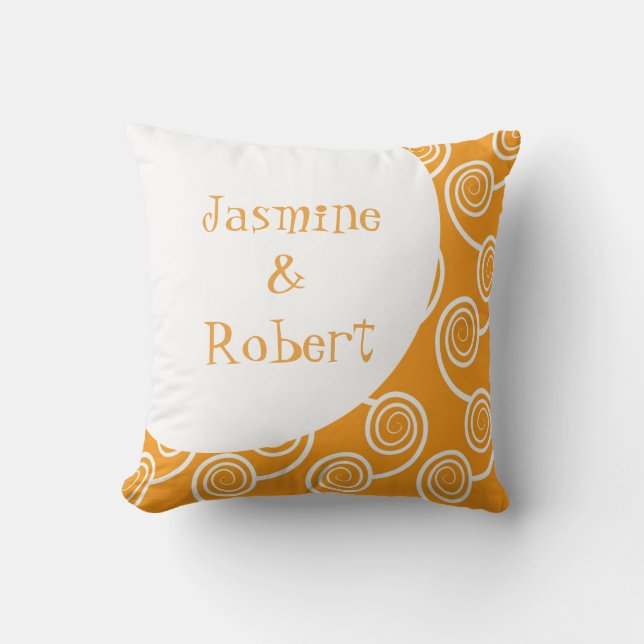 White Swirl Orange Monogram Wedding Keepsake Throw Pillow (Front)