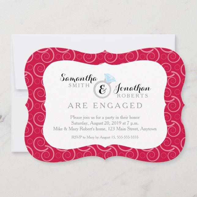 White Swirl Pattern on Red Engagement Party Invitation (Front)