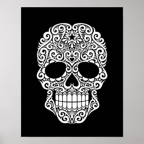 White Swirling Sugar Skull on Black Poster