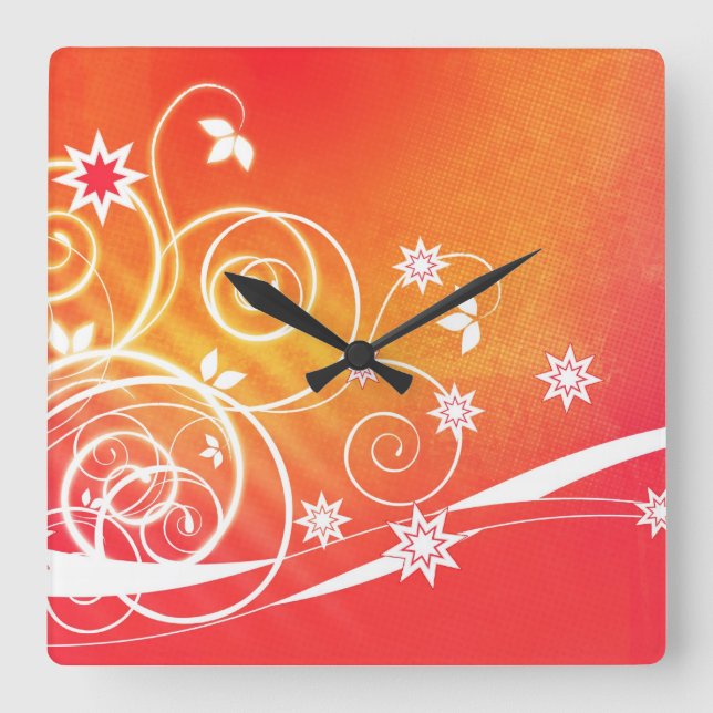 White swirls and florals on orange square clock (Front)