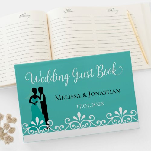 White Swirls Bride Groom Teal Elegant Wedding Gues Guest Book