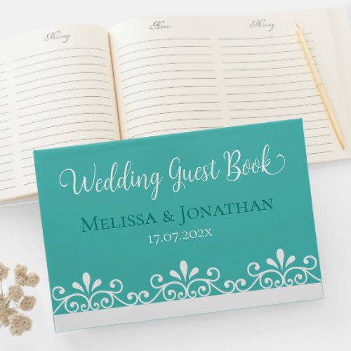 White Swirls Bride Groom Teal Elegant Wedding Guest Book