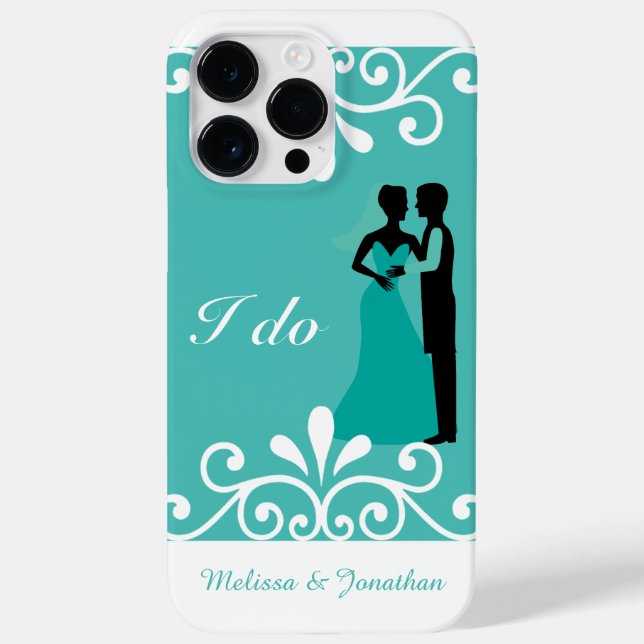 White Swirls Bride Groom Teal Elegant Wedding I do Case-Mate iPhone Case (Back)