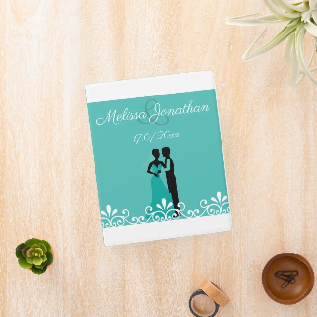 White Swirls Bride Groom Teal Elegant Wedding Mini Binder (InSitu)