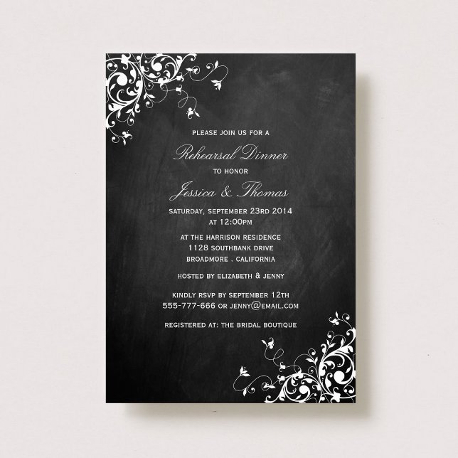 White Swirls & Chalkboard Wedding Rehearsal Dinner Invitation (Creator Uploaded)