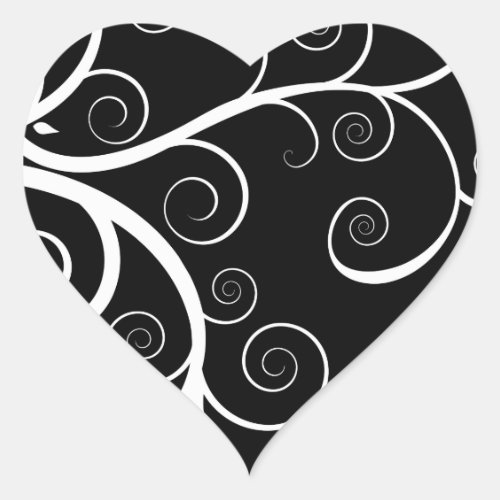 White swirls on black drawing heart sticker