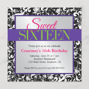 White Swirls on Black Sweet 16 Birthday Invitation