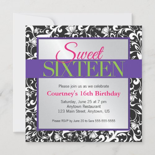 White Swirls on Black Sweet 16 Birthday Announcements