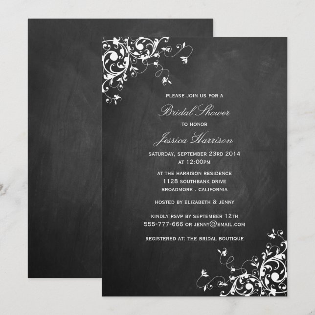 White Swirls On Chalkboard Bridal Shower Invitation (Front/Back)