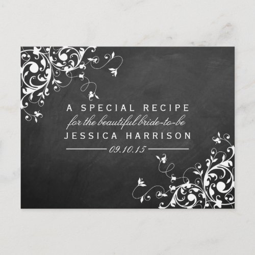 White Swirls On Chalkboard Bridal Shower Recipe Invitation Postcard