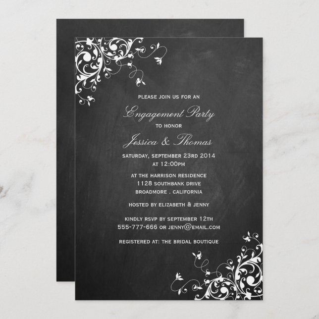 White Swirls On Chalkboard Engagement Party Invitation (Front/Back)