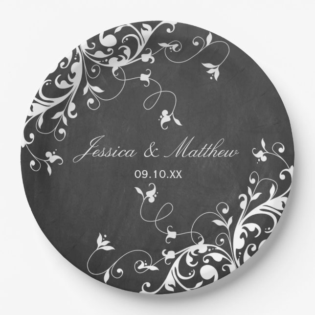 White Swirls On Chalkboard Paper Plates (Front)