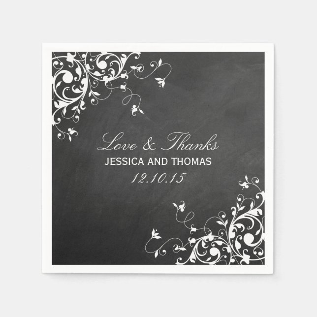 White Swirls On Chalkboard Wedding Napkins (Front)