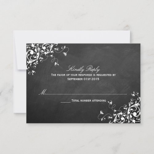 White Swirls On Chalkboard Wedding RSVP Cards