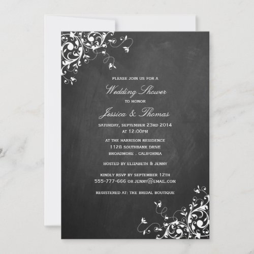 White Swirls On Chalkboard Wedding Shower Invitation