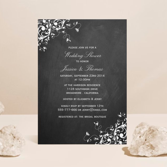 White Swirls On Chalkboard Wedding Shower Invitation (Creator Uploaded)