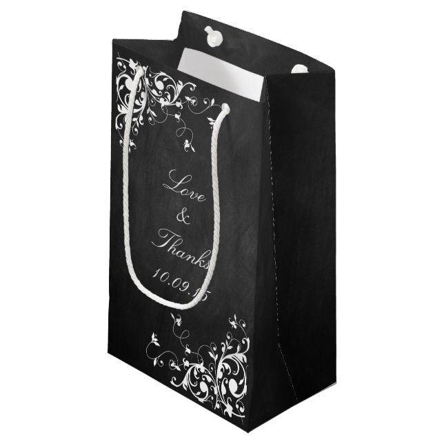 White Swirls On Chalkboard Wedding Small Gift Bag (Front Angled)