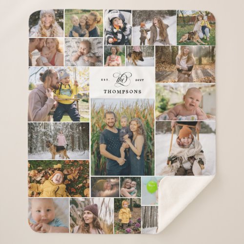 White Swirly The Family Name 25 Photo Collage Sherpa Blanket