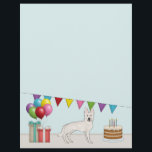 White Swiss German Shepherd Dog Colorful Birthday Letterhead<br><div class="desc">Destei's original cartoon illustration of a cute White Swiss Shepherd / white color German Shepherd breed dog. The dog is placed in a colorful birthday setting. There is a birthday cake with some candles on it, colorful birthday balloons and a bunting banner as well as two present boxes. The background...</div>