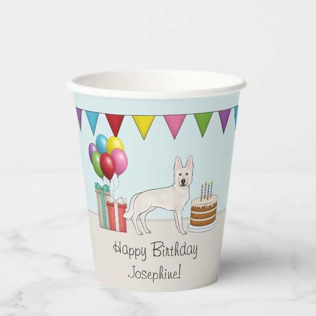 White Swiss German Shepherd Dog Colorful Birthday Paper Cups (Front)