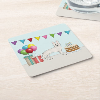 White Swiss German Shepherd Dog Colorful Birthday Square Paper Coaster