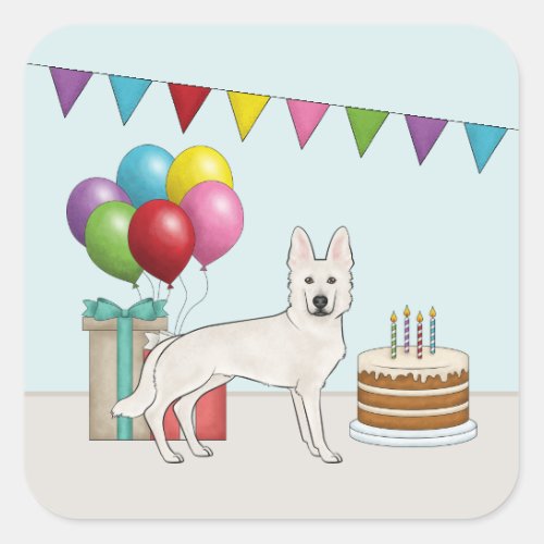 White Swiss German Shepherd Dog Colorful Birthday Square Sticker