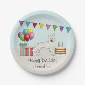 White Swiss Shepherd Cartoon Dog Colorful Birthday Paper Plates