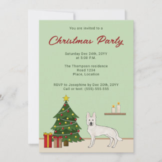 White Swiss Shepherd Cute GSD Dog Green Christmas Invitation