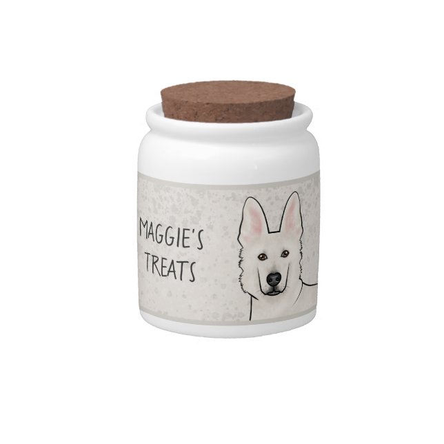 White Swiss Shepherd Cute White GSD Dog Pet Treat Candy Jar (Front)