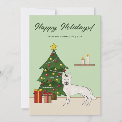 White Swiss Shepherd Dog Green Festive Christmas Holiday Card
