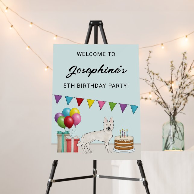 White Swiss Shepherd GSD Birthday Party Welcome Foam Board (In Situ (Stand))