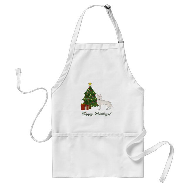 White Swiss Shepherd GSD Dog Green Christmas Tree Adult Apron (Front)