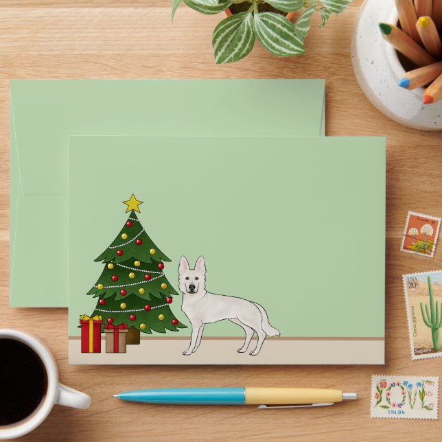 White Swiss Shepherd GSD Dog Green Christmas Tree Envelope (Desk)