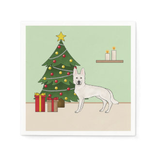 White Swiss Shepherd GSD Dog Green Christmas Tree Napkins