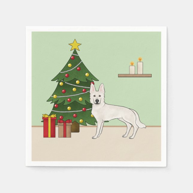 White Swiss Shepherd GSD Dog Green Christmas Tree Napkins (Front)