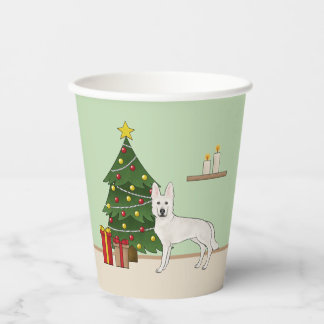 White Swiss Shepherd GSD Dog Green Christmas Tree Paper Cups