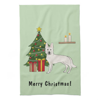 White Swiss Shepherd GSD Green Christmas Tree Kitchen Towel