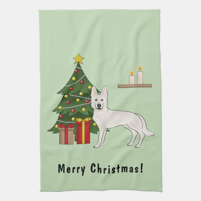 White Swiss Shepherd GSD Green Christmas Tree Kitchen Towel (Vertical)