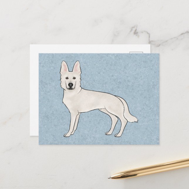 White Swiss Shepherd White GSD Cartoon Dog Blue Postcard (Front/Back In Situ)