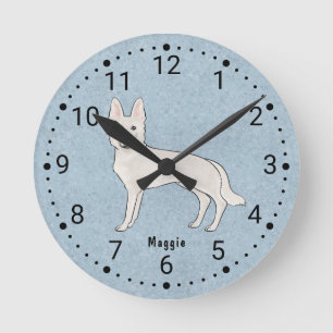 White Swiss Shepherd White GSD Cartoon Dog Blue Round Clock