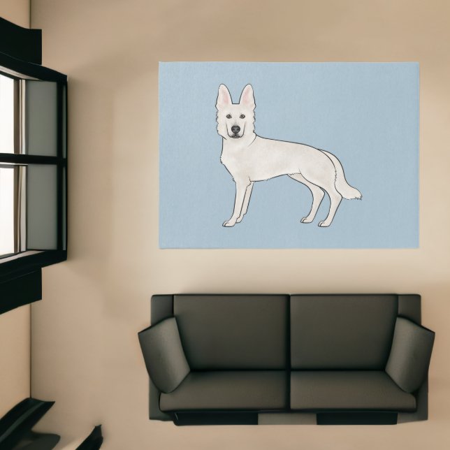 White Swiss Shepherd White GSD Cartoon Dog Blue Rug (Insitu (Indoor 1))