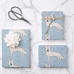 White Swiss Shepherd White GSD Cartoon Dog Blue Wrapping Paper Sheets