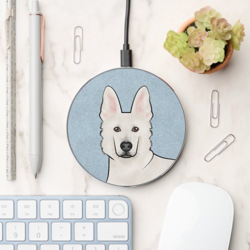 White Swiss Shepherd White GSD Cartoon Dog Head Wireless Charger