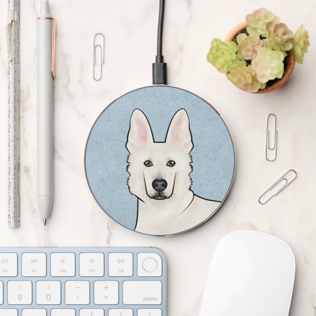 White Swiss Shepherd White GSD Cartoon Dog Head Wireless Charger (Desk)