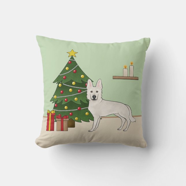 White Swiss Shepherd White GSD Christmas Tree Throw Pillow (Front)