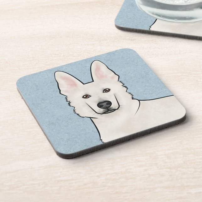 White Swiss Shepherd White GSD Cute Dog Head Blue Beverage Coaster (Left Side)