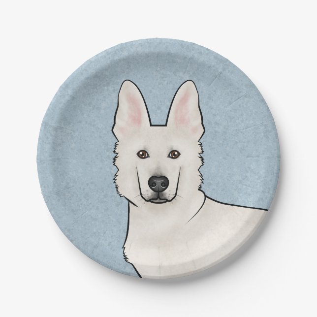 White Swiss Shepherd White GSD Cute Dog Head Blue Paper Plates (Front)