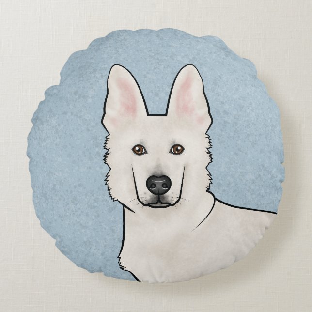 White Swiss Shepherd White GSD Cute Dog Head Blue Round Pillow (Front)