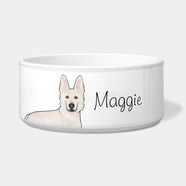 White Swiss Shepherd White GSD Cute Dog With Name Bowl (Front)