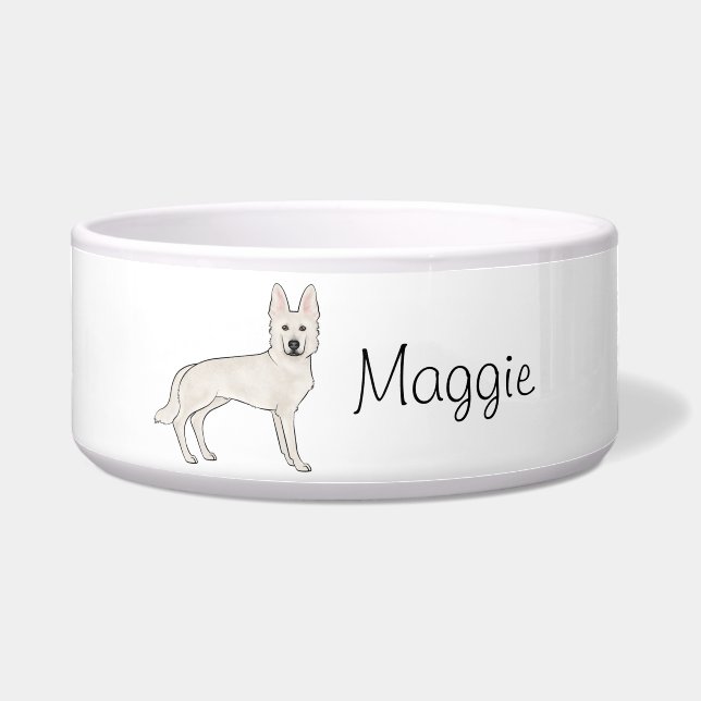 White Swiss Shepherd White GSD Cute Dog With Name Bowl (Front)